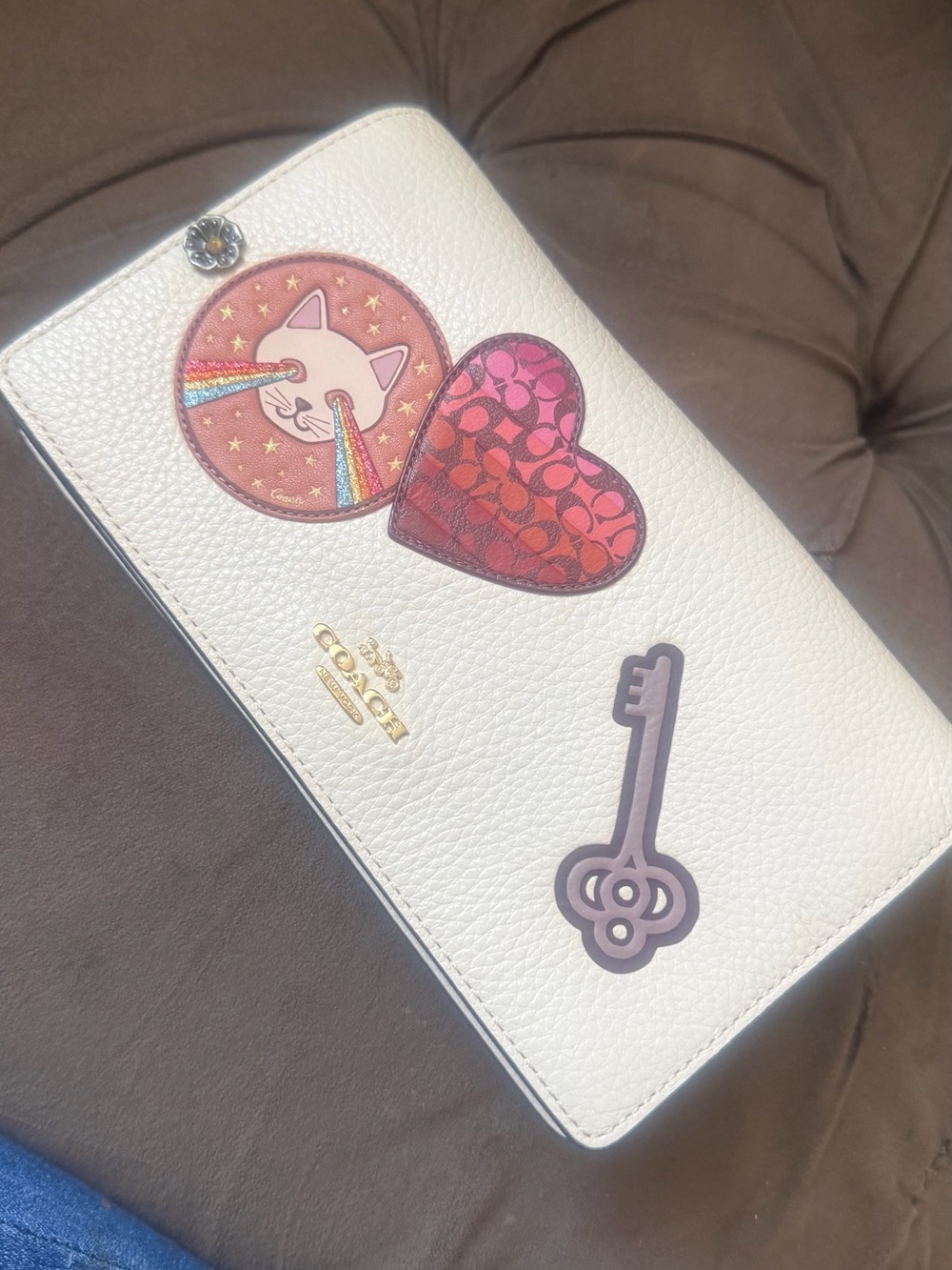 Coach White Pebbled Leather Zip Wallet with Colorful Patch Motifs